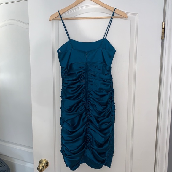 Teal Satin Rouched Mini Dress 2 - Picture 5 of 7